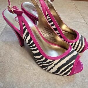 Candie's Zebra Print Heels with Vibrant Pink Trim